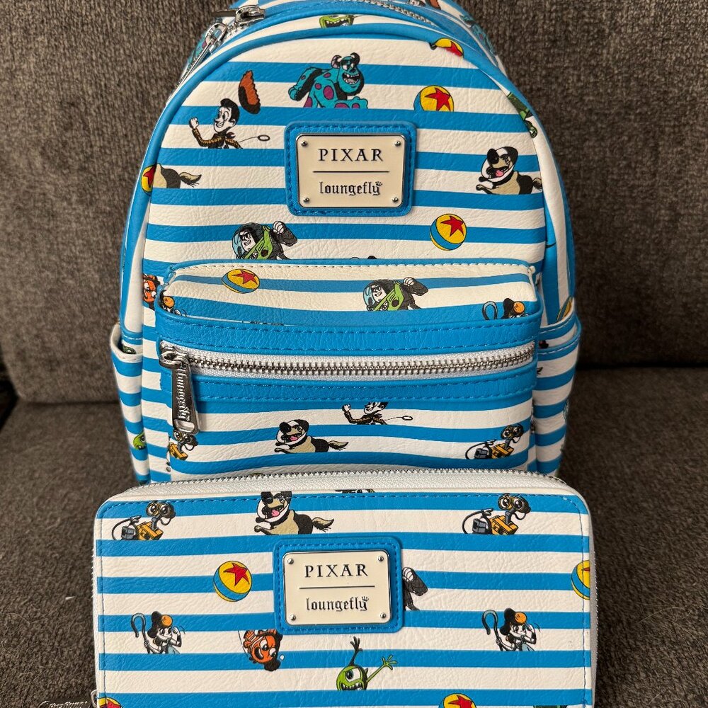 Loungefly Pixar Blue & White Stripes Mini Backpack & Matching Wallet Set